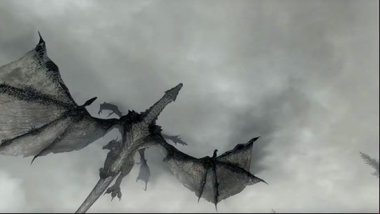 skyrim-console-commands-and-cheats-quest-commands Skyrim console commands and cheats: A large black dragon soars through the air, obscured by clouds and smoke.