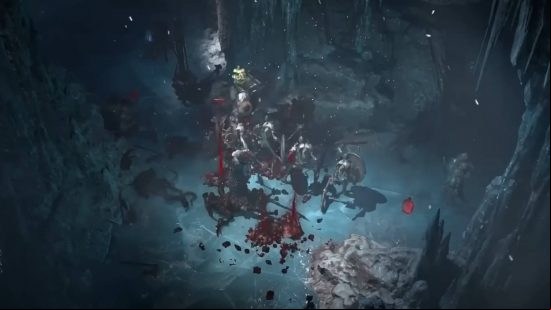Diablo 4 Necromancer - the player and his many skeletal minions are fighting monsters inside a frozen cave.