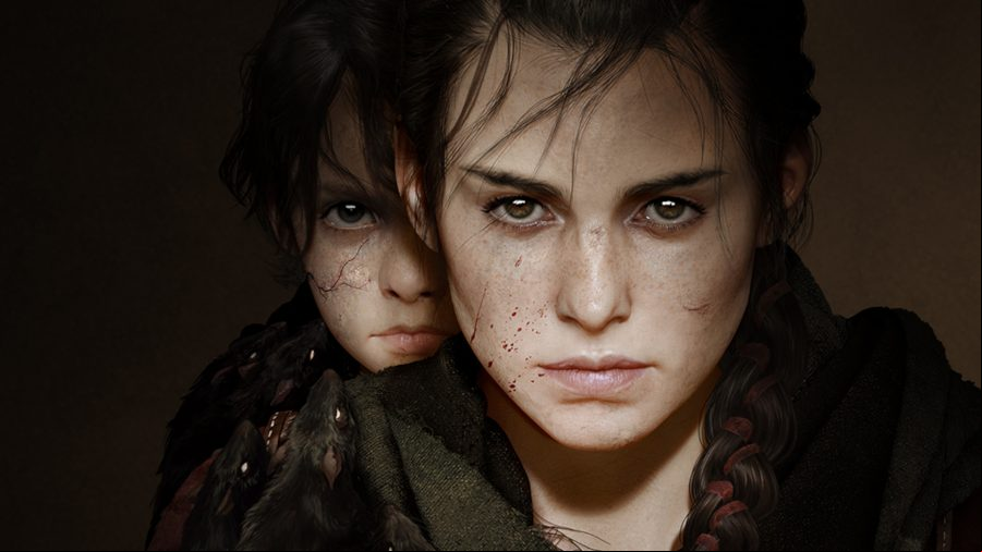 Hugo (left) and Amicia (right), the protagonists of A Plague Tale: Requiem stare ahead, with a slight blood splatter covering their face