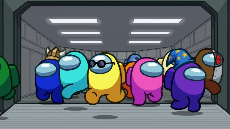Crew  running around in an Among Us animated cutscene