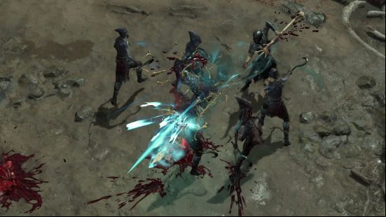 Diablo 4 Necromancer Class: Diablo 4's Necromancer stands on a rocky shore, using their Bone Spear ability on a group of skeletons and shattering their bones.