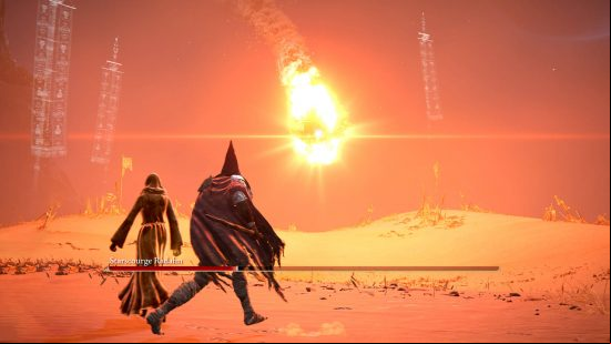 Elden Ring Radahn - Starscourge Radahn plummeting down to earth as a meteor on top of a Tarnished and one of his followers.