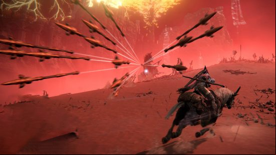 Elden Ring Radahn - Radahn is firing a volley of arrows towards the Tarnished, who is avoiding them while riding on horseback.