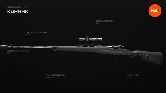 Best Kar98k loadout: a long grey rifle with a large suppressor attached to the end of the barrel.