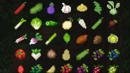 Best Minecraft mods - an assortment of fruit and vegetables in Pam's Harvestcraft 2 UI, list of crops.