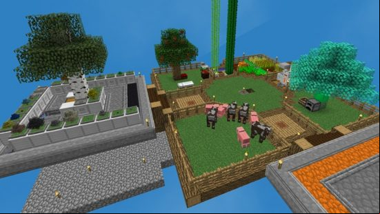 Best Minecraft mods - in SkyFactory 4, a floating landscape featuring different farms and trees.