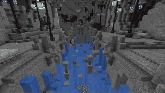 Best Minecraft mods - inside a cavernous vault filled with water, stalagmites, and stalagtites.