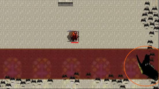 Vampire Survivors Ender boss - the player has just started a run and among the bats swarming in, there is a yellow hand snapping its fingers in the bottom right corner that is circled in orange.