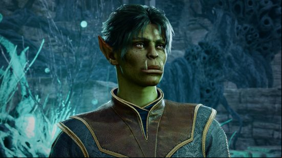 This Half-Orc is one of the Baldur's Gate 3 races. They are mostly human, but have large pointed teeth rising from their mouth and green skin.