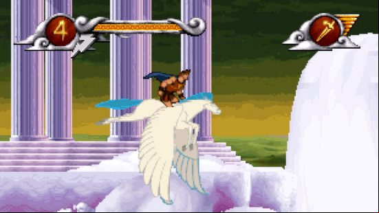 Hercules rides on the back of Pegasus through one of the platform levels in Disney's Hercules, one of the best Disney games.