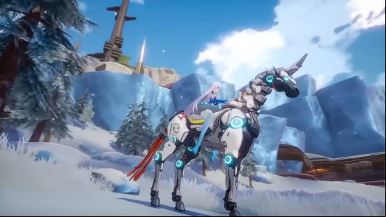 Best robot games - shows a character riding on a robotic horse in Tower of Fantasy.
