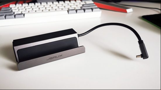 Jsaux Steam Deck dock without device sitting on white desk
