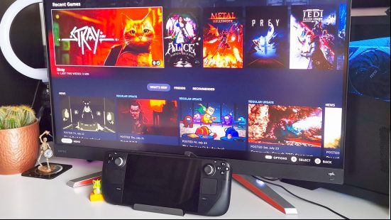Jsaux Steam Deck dock hooked up to gaming monitor with SteamOS on screen