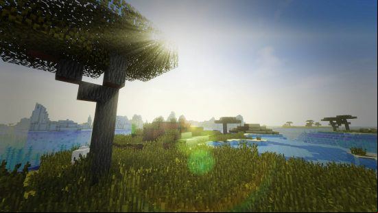 Best Minecraft Shaders - The Werrus shader showing a field with lakes and the glare from the sun.