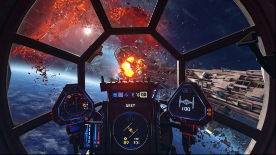 Best Star Wars games on PC: a view through a spaceship cockpit window at an ongoing battle