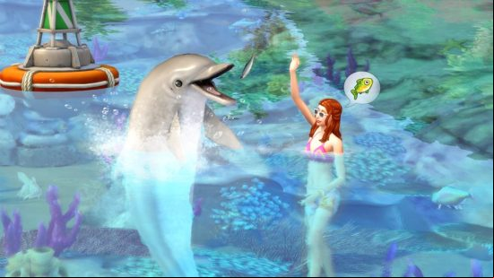 Sims 4 cheats: A Sim swimming alongside a dolphin in Sims 4 Island Living