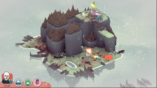Best Medieval games - some bald men with swords in black robes are ransacking a village on a tiny island in Bad North.