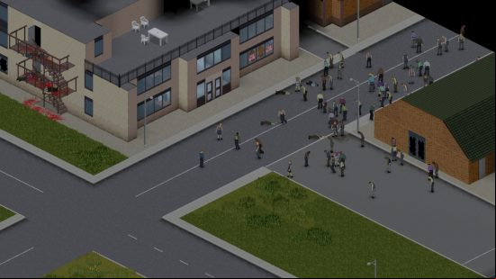 Best zombie games: a street full of zombies in Project Zomboid surrounding a condo and an abandoned building.