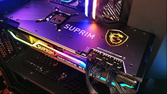 MSI RTX 3090 Suprim X GPU inside PCV case with RGB lit logo and backplate