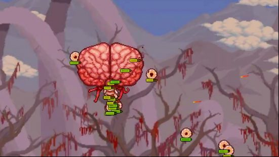All Terraria bosses: a floating brain hovers in a forest with blood leaves and floating eyeballs.