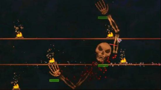 All Terraria bosses: the arms and skull of the Skeletron across multiple beams with campfires on them.