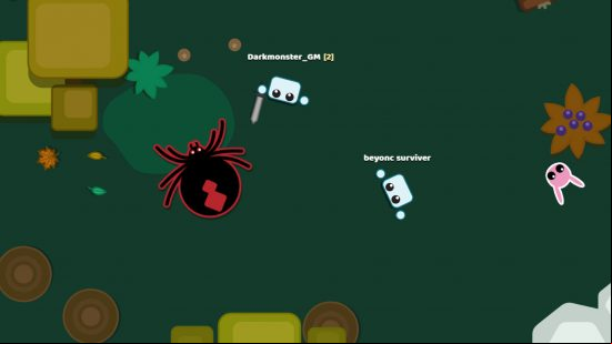 Best io games: Two Starve.io players fighting a giant spider in the woods