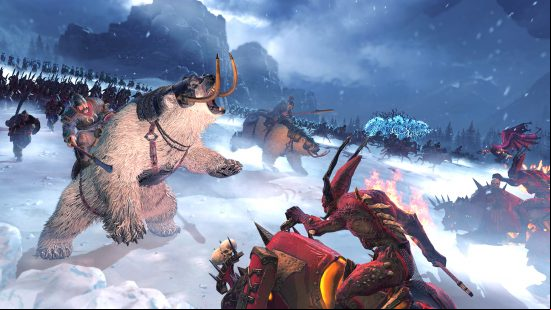 Best strategy games - a polar bear-like creature in a snowy wilderness in Total War: Warhammer 3.