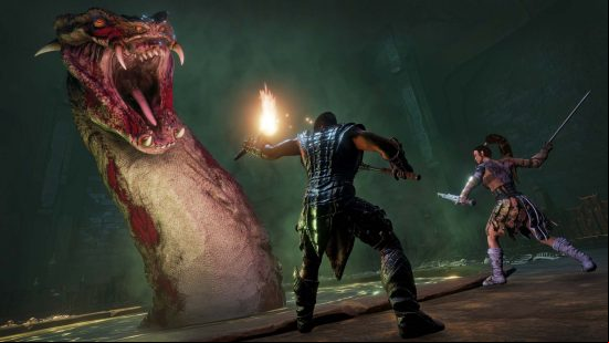 Best survival games: Conan Exiles. Image shows a man waving a torch at a giant serpent.