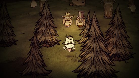 Best survival games: Don't Starve. Image shows a man in the woods with two creatures in top hats behind him.