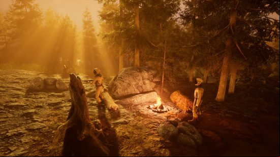 Best survival games: Icarus. Image shows two astronaut-like people standing in a forest at sunset.