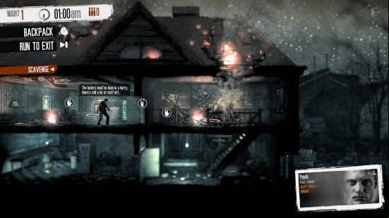 Best survival games: This War of Mine. Image shows a house with a person inside it through a night-vision style lens.