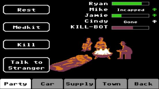Best zombie games: your party  gather round the campfire in Organ Trail, as one of the party rests in a sleeping bag.