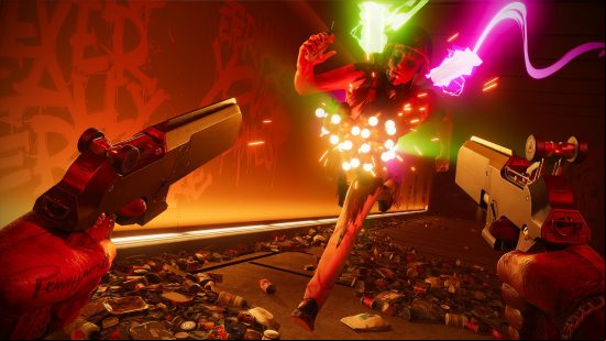 Deathloop: A male figure wearing an explosive vest decorated in neon sprints toward the player, who is holding twin pistols in the best single-player games.