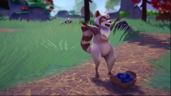 Disney Dreamlight Valley animals: A neutral-coloured raccoon jumps with joy by its favourite food, blueberries.