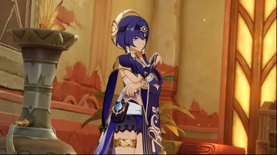 Genshin Impact Candace ascension materials: Candace is standing with her arms scrossed inside a palace. A pot is spilling water out of a spout.