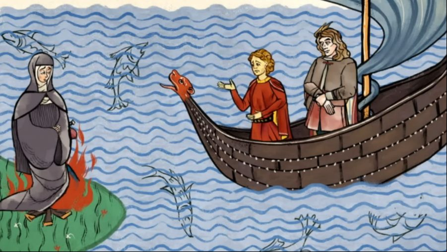 A scene from the Obsidian Entertainment RPG game, Pentiment, in which two characters sail towards a religous figure in a scene from a medieval manuscript
