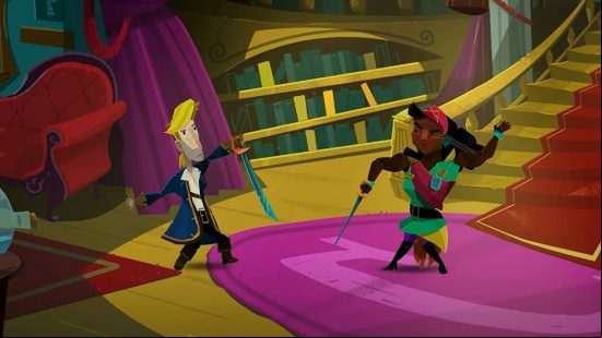Return to Monkey Island reviews shock Lucasfilm Games: A 2D cartoon of a white swashbuckler with blond hair fencing a black female pirate inside a ship