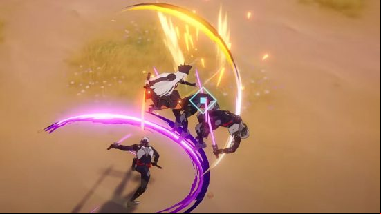 Tower of Fantasy Claudia build: A screenshot of Claudia during combat, taking three armoured Aida soldiers, using her signature aerial attacks