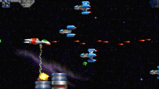 Free GOG games - a spaceship firing plasma rounds at enemy spaceships and shocking a turret below it.