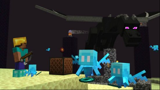 Minecraft console commands: Steve equipped with diamond boots, a gold helmet, and a fishing rod, is using Allays to gather Ender Pearls while listening to his music box. The Ender Dragon is attacking overhead.