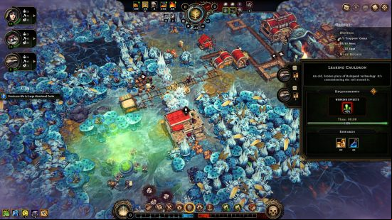 Against the Storm - a village built in a coral-like biome, with a menu showing a dangerous 'Leaking Cauldron' that units have been sent to handle