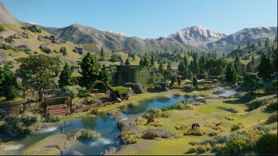 Best building games - Planet Zoo: A lush, green zoo with natural habitats and horses roaming a large enclosure