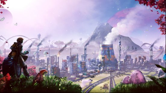 A sprawling factory complex in Satisfactory, one of the best building games
