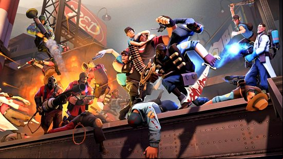 Free Steam games: Team Fortress 2. Image shows the cast of the game messing around and trying to kill each other in an industrial location.