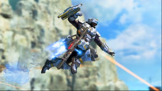 Best multiplayer games: a character flying along with a jetpack and a gun in Apex Legends.