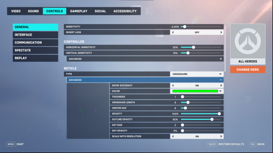 Best Overwatch 2 crosshair settings: The Controls menu in Overwatch 2 with the reticle settings and advanced options displayed.