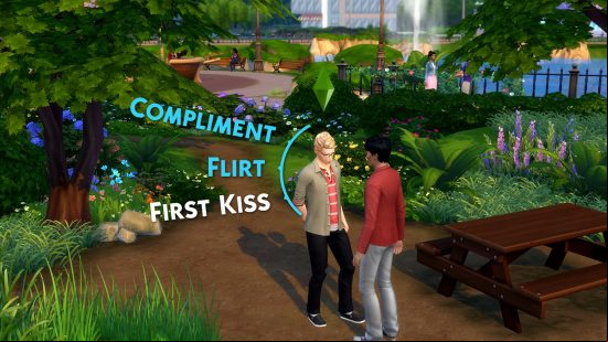 Best Sandbox games - The Sims 4: Two people stand in a beautiful garden and the options "compliment", " Flirt", and "First kiss" appear above them