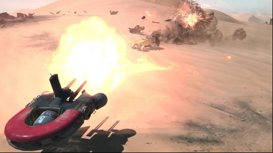 Best strategy games - a turret defending a base from a buggy by shooting at it in Homeworld: Deserts of Kharak.