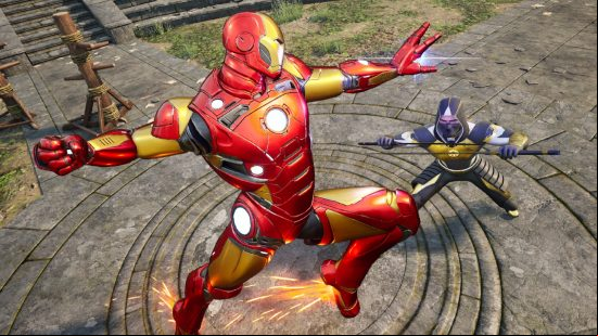 Best Strategy games - Iron Man is about to punch a villain in the face with a rocket-propelled punch in Marvel Midnight Suns.