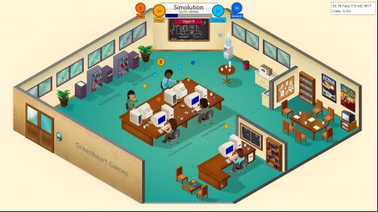  Best tycoon games: A collection of game devs seated around desks in a small office in Game Dev Tycoon, a thematically appropriate management sim game.